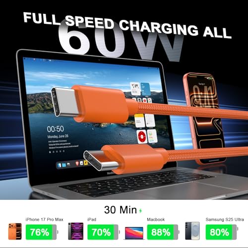 iPad Fast Charging Cable 2 Pack 10ft,USB C Cable for iPhone 17 16 15 - color: Orange