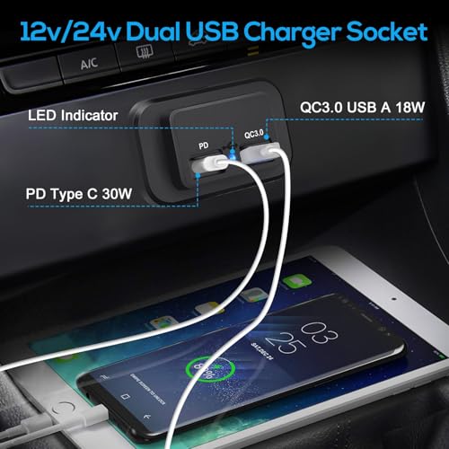 Linkstyle RV USB Outlet, 12V/24V USB Charging Port, 30W PD USB-C & 18W QC3.0, Panel Mount for Camper Marine Boat - color: black