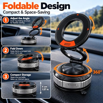 Vacuum Magnetic Car Phone Mount, Zinc Alloy Folding Suction Cup Holder with Sticky Gel Base for Dashboard & Windshield, Compatible with MagSafe iPhone, Samsung and Android Phones