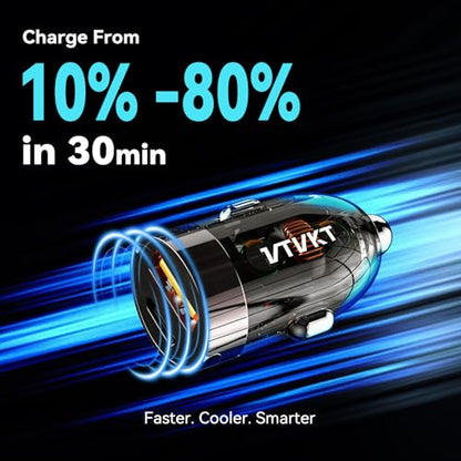VTVKT Car Charger USB C Fast Charge, Fast Charging Car Charger, Mini Metal Dual Port Cigarette Lighter Adapter for iPhone 17/16/15 Series, iPad, AirPods, Google Pixel, and More