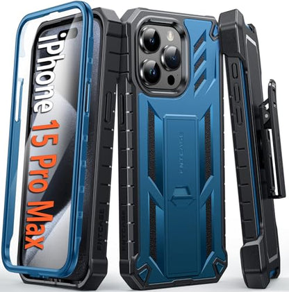 FNTCASE for iPhone 15-Pro-Max Phone Case 6.7", Built-in Screen Protector & Kickstand & Belt-Clip Heavy Duty Military Grade Shockproof Protection Rugged Case - Blue | Built-in Screen Protector, Military-Grade Drop Protection, Heavy Duty Shockproof Holster