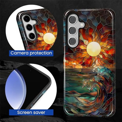 Case for Samsung Galaxy S23 FE, 2 in 1 PC Hard Shell & Silicone Inner Bumper, AntiScratch Fullbody Cover Shockproof Slim Design Stained Glass Sun Waves - color: Stained Glass Sun Waves, size: Galaxy S23 FE