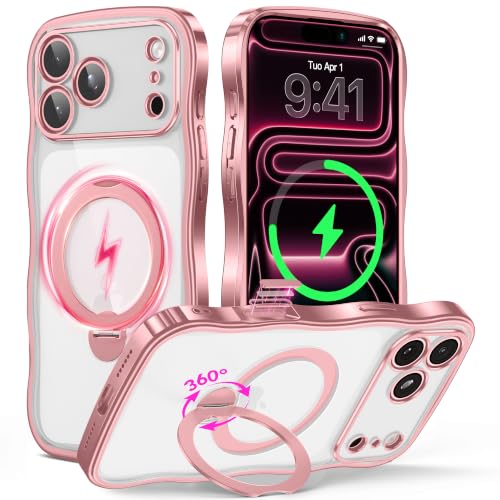 GolbinBox iPhone 17 Pro Max MagSafe Ring Stand Wave Case, Pink/Clear | Premium electroplated wave frame, stable MagSafe charging, reinforced corners, and raised camera and screen edges. - color: Pink/Clear, size: For iPhone 17 Pro Max 6.9 Inch