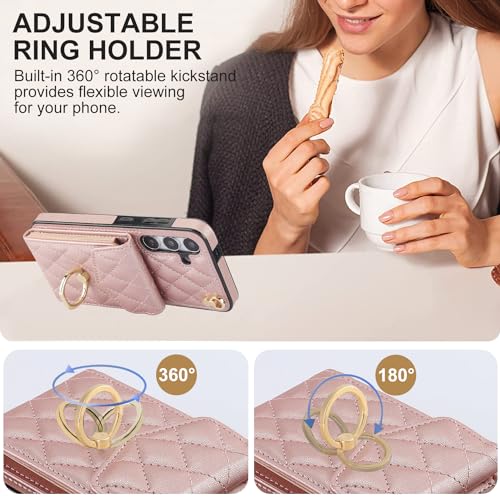 Asuwish Phone Case for Samsung Galaxy S24 5G Wallet Cover with Tempered Glass Screen Protector and Crossbody Wrist Strap Ring Stand RFID Blocking Card Holder Cell S 24 24S G5 Women Men Girls Rose Gold - color: Rose Gold