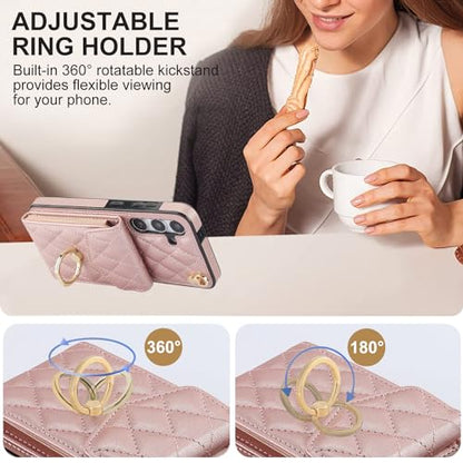 Asuwish Phone Case for Samsung Galaxy S24 5G Wallet Cover with Tempered Glass Screen Protector and Crossbody Wrist Strap Ring Stand RFID Blocking Card Holder Cell S 24 24S G5 Women Men Girls Rose Gold - color: Rose Gold