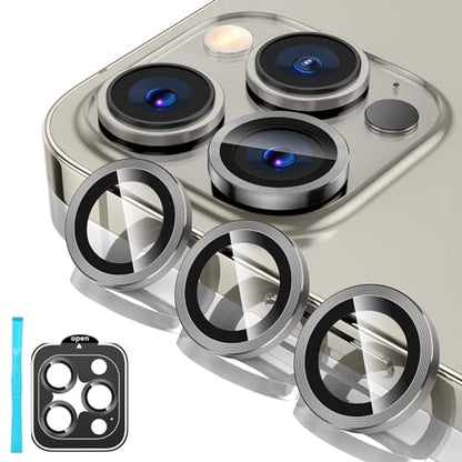 Tensea Camera Lens Protector for iPhone 15 Pro/Pro Max, 9H Tempered Glass, Metal Ring for 6.1/6.7 inch - color: Titanium