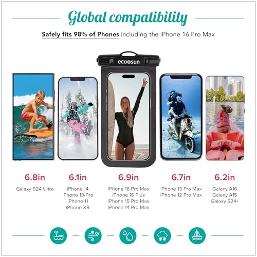 Eco Sun Waterproof Phone Pouch (2-Pack) — Designed in Hawaii — Case Fits All iPhones (incl. 17 Pro Max), Samsung Galaxy S24 & More (Black/Clear) - color: Black/Clear