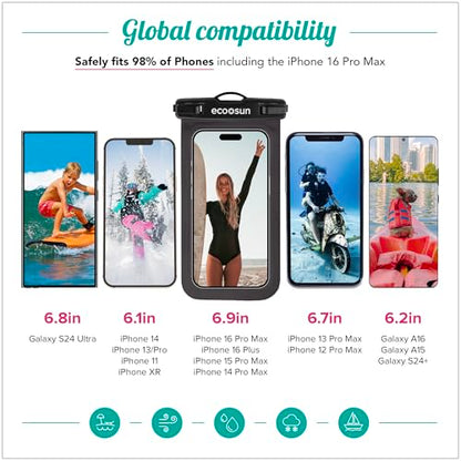 Eco Sun Waterproof Phone Pouch (2-Pack) — Designed in Hawaii — Case Fits All iPhones (incl. 17 Pro Max), Samsung Galaxy S24 & More (Black/Clear) - color: Black/Clear