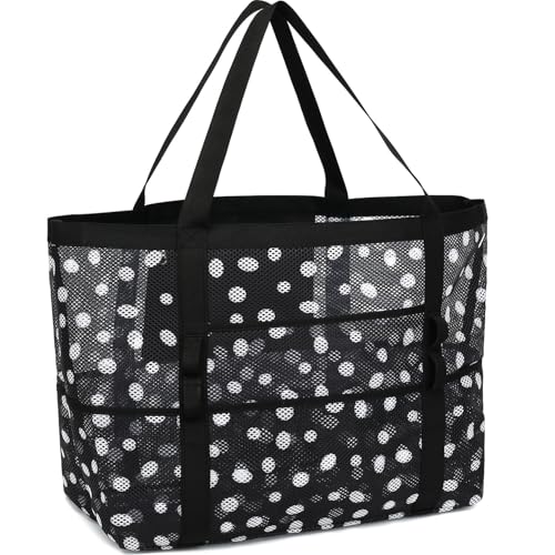 GYEUKHAM Mesh Beach Bag for Women, Sand-Resistant Pool Tote, 9 Pockets (1 Inner Zip), Foldable Family Travel Essentials - color: L-dot