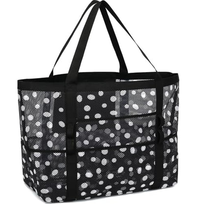 GYEUKHAM Mesh Beach Bag for Women, Sand-Resistant Pool Tote, 9 Pockets (1 Inner Zip), Foldable Family Travel Essentials - color: L-dot