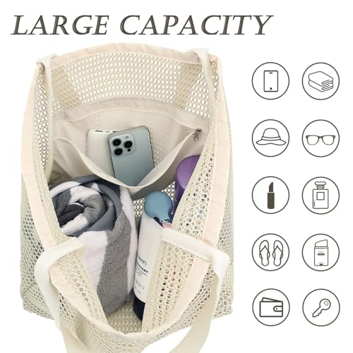 GYEUKHAM Mesh Beach Bag for Women, Sand-Resistant Pool Tote, 9 Pockets (1 Inner Zip), Foldable Family Travel Essentials - color: 2 Pockets-beige