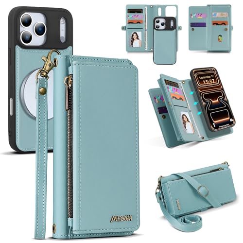 for iPhone 17 Pro Wallet Case, Detachable Magnetic Phone Case,Faux Leather Strap Wallet,with RFID Blocking，Zipper Card Holder，Shoulder Straps (Blue) - color: Blue, size: iPhone 17 Pro