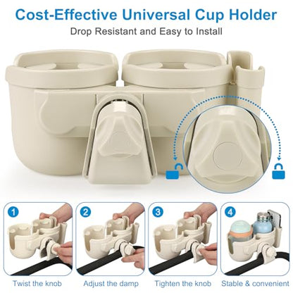 Accmor Stroller Cup Holder with Phone Holder, Bike Cup Holder, Universal Cup Holder for Uppababy Nuna Strollers, 2-in-1 Drinks Holder for Walker, Wheelchair, Scooter - color: Double Holder-All Off White