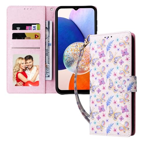 UEEBAI Wallet Case for Samsung Galaxy A15 4G/5G, PU Leather Phone Cover Kickstand RFID Blocking Flip Case Card Slots Wrist Strap Relief Engraved Pattern Magnetic Closure Folio Cover - Butterfly - color: Butterfly, size: Samsung Galaxy A15 4G/5G
