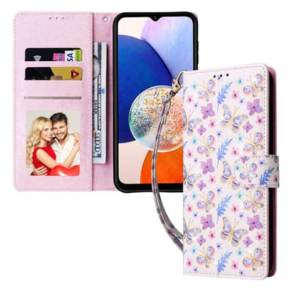 UEEBAI Wallet Case for Samsung Galaxy A15 4G/5G, PU Leather Phone Cover Kickstand RFID Blocking Flip Case Card Slots Wrist Strap Relief Engraved Pattern Magnetic Closure Folio Cover - Butterfly - color: Butterfly, size: Samsung Galaxy A15 4G/5G