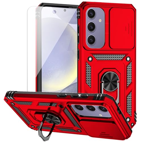 for Samsung Galaxy S24 FE Case with Camera Lens Cover HD Screen Protector, Dual Layer Military-Grade Drop Tested Magnetic Ring Holder Kickstand Protective Phone Case for Galaxy S24 FE (Red) - color: Red with camera cover Military-Grade 2nd gen