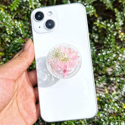 Petite Pressed Pink Flowers Phone Grip,Handmade Dried Flowers Clear Phone Stand, Expanding Cell Phone Charms Accessory, Interchangeable Kickstand, Collapsible Handle Grip Holder for Kindle