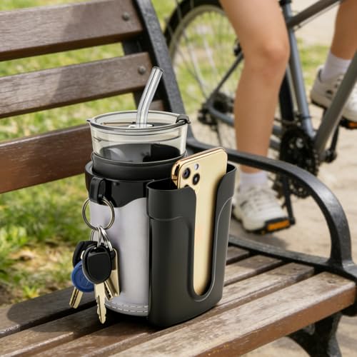 3-in-1 Universal Bike Cup Holder with Cell Phone Case Keys Hook, Black Gray - color: black gray