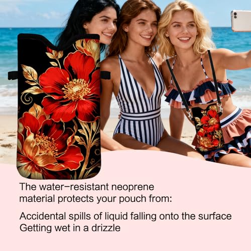 Men Women Neoprene Cell Phone Sleeve Pouch Case Bag with Crossbody Strap/Neck Lanyard 7.5 X 4.3 in (Red Floral Pattern) - color: Red Floral Pattern
