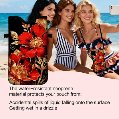 Men Women Neoprene Cell Phone Sleeve Pouch Case Bag with Crossbody Strap/Neck Lanyard 7.5 X 4.3 in (Red Floral Pattern) - color: Red Floral Pattern