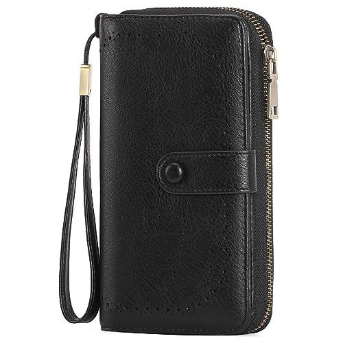 GAEKEAO Leather Credit Card Holder Wallet for Women RFID Blocking Large Capacity Bifold Zipper Card Case Organizer with Wristlet 45 Slots - color: Black