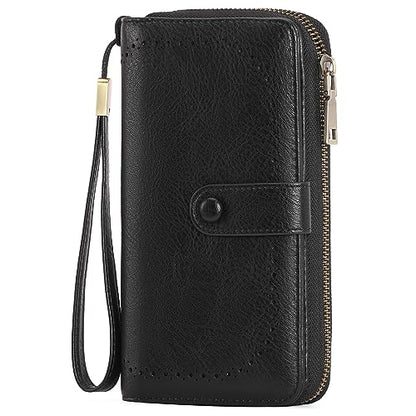 GAEKEAO Leather Credit Card Holder Wallet for Women RFID Blocking Large Capacity Bifold Zipper Card Case Organizer with Wristlet 45 Slots - color: Black