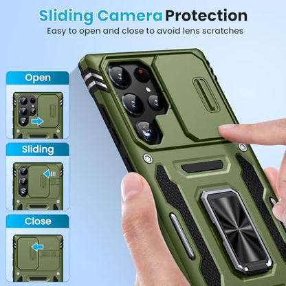 for Samsung Galaxy S22 Ultra Case with 2 PCS HD Screen Protector, Military Grade Protection Metal 360 ° Rotating Ring Kickstand Slide Camera Cover, Shockproof for Galaxy S22 Ultra Case, Olive Green | 2 PCS HD Screen Protector, Magnetic Metal 360 ° Rotatin