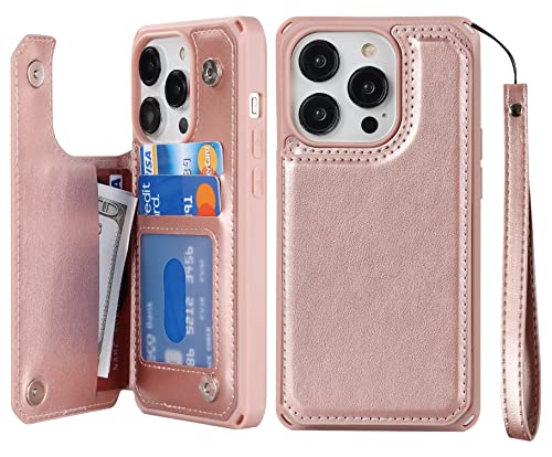 iCoverCase Compatible with iPhone 14 Pro Wallet Phone Case with Card Holder for Women, RFID Blocking Embossed PU Leather Wrist Strap Case 6.1 Inch (Macaron Rose Gold) - color: P-Rose Gold