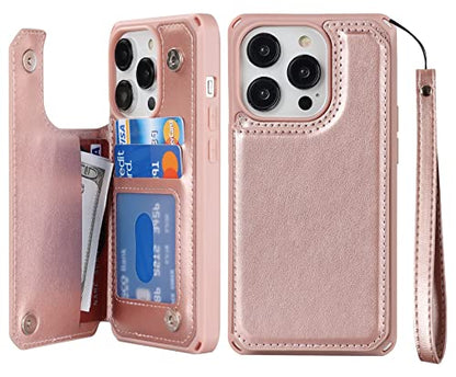 iCoverCase Compatible with iPhone 14 Pro Wallet Phone Case with Card Holder for Women, RFID Blocking Embossed PU Leather Wrist Strap Case 6.1 Inch (Macaron Rose Gold) - color: P-Rose Gold