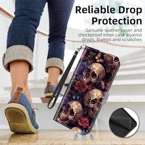 Wallet Case for Samsung Galaxy S25 Ultra with RFID Blocking Credit Card Holder, Flip PU Leather Magnetic Closure Wrist Strap Phone Cover for Samsung Galaxy S25 Ultra, Gothic Skulls Floral