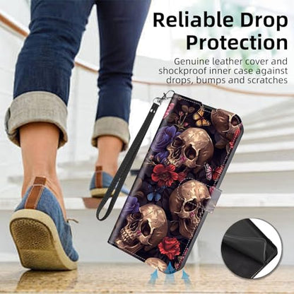 Wallet Case for Samsung Galaxy S25 Ultra with RFID Blocking Credit Card Holder, Flip PU Leather Magnetic Closure Wrist Strap Phone Cover for Samsung Galaxy S25 Ultra, Gothic Skulls Floral