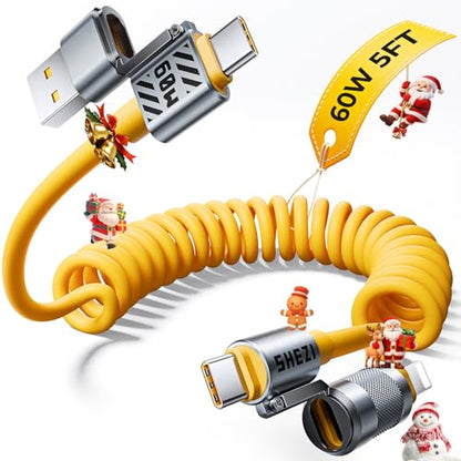4 in 1 Coiled USB C Cable, 60W USBC to Lightning Cable Combo for Car, 5FT - color: Yellow, size: 60W, style: Coiled Cable