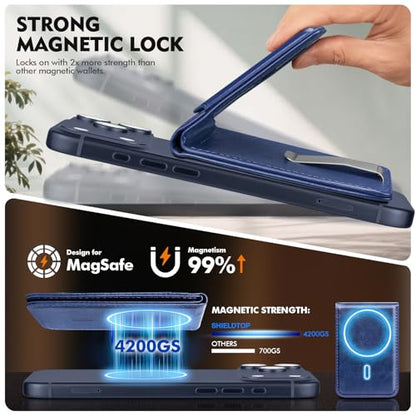 Shieldtop RFID Blocking MagSafe Wallet Stand with Card Holder,5 Card Slots & ID Window,PU Leather Magnetic Adjustable Kickstand for iPhone 12/13/14/15/16/17 Pro Max & Air Plus Series,Blue - color: Blue