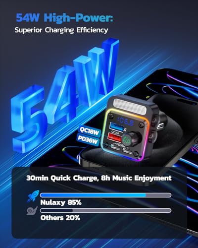 Nulaxy 54W Bluetooth 5.3 Car Adapter, FM Transmitter 4-Port Fast Charging - color: A-Black