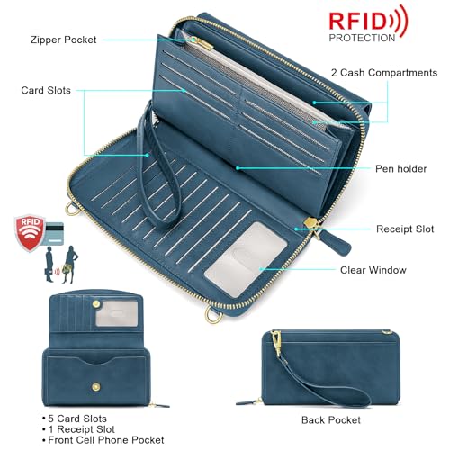 Peacocktion Womens Crossbody Wristlet Wallets with Cell Phone Pocket RFID Vegan Leather Cross Body Purses Travel - color: 04-dark Blue