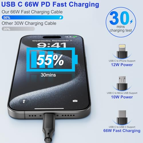 USB C to USB C/Dual Lightning/Micro USB Charging Cable 2M/6Ft, 4 in 1 Multi Charging Cable for Multiple Devices, Braided Universal iPhone Charger Cord for Cell Phones, iPhone Series, Tablets, Galaxy