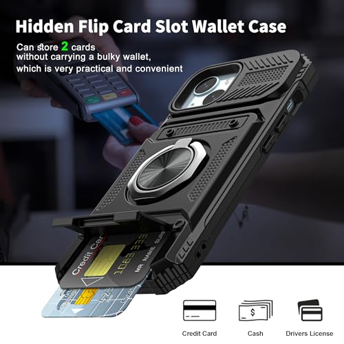 Vofolen for iPhone 15 Wallet Case with Card Holder [Store 2 Cards] Black | 360°Magnetic Rotated Ring Stand Dual Layer Heavy Duty Shockproof Drop Protection Wallet Phone Case for iPhone 15-6.1'' Black - color: Black