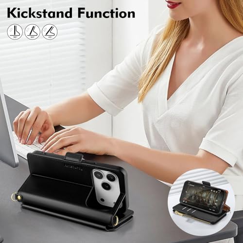 Antsturdy Crossbody Phone Wallet Case for iPhone 17 Pro,Black | RFID Blocking,PU Leather Flip Cover,Kickstand,with Credit Card Holder,Wrist Strap Lanyard & Handbag Purse,for Women & Men - color: (Crossbody)-Black