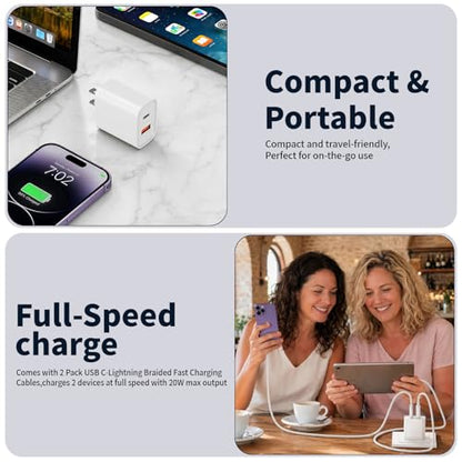 10FT iPhone Lightning Cable[Apple MFi Certified]2Pack 20W Apple Lightning Charger Dual Port USBA+C Charge Block with 10FT iPhone Fast Charging Woven Cable Cord for iPhone14/13/12/11/XS/XR/X/8/7/SE2022