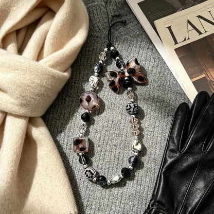 Cute Beaded Camera Wrist Strap for Phone, Digital Camera Charm Lanyard, Pearl Beaded Chain for Bag Keychain Gift - color: Bow Leopard