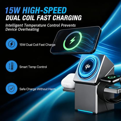 3-in-1 Wireless Charging Station, Soft LED Indicator, Multiple Protection, 15W Auto-Rotating Wireless Charger for iPhone 17,16,15,14,13,12 Series, Apple Watch, AirPods
