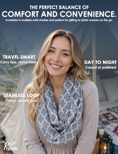 Pop Fashion Quatrefoil Pattern Infinity Scarf for Women - Travel Scarf with Hidden Pocket - All Seasons - color: Grey, size: 24.5 x 9.5