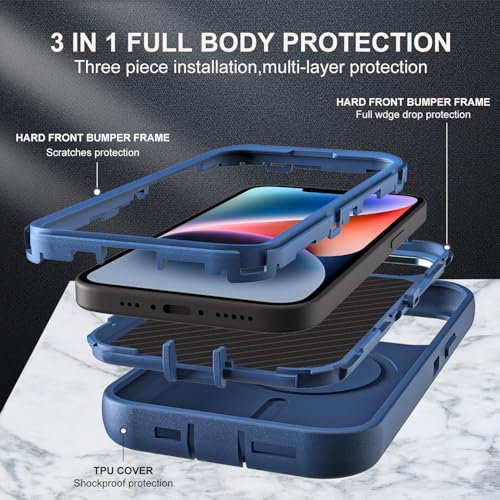YKHJKLEC for iPhone 13/14 Case, Military Grade 3 in 1 Heavy Duty Shockproof/Drop Proof/Dust Proof with Kickstand Case, with 2 x Tempered Glass Screen Protector (ZJ-Navy Blue) - color: ZJ-Navy Blue