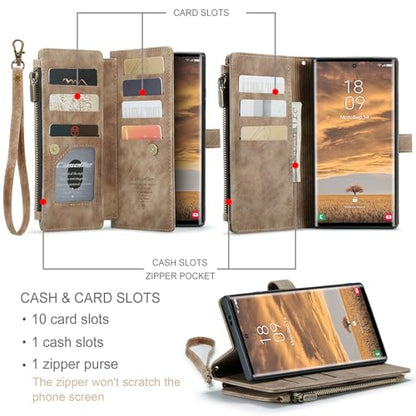 Samsung Galaxy S24 Ultra 5G Wallet Case with Card Holder Kickstand Magnetic Zipper Pocket Lanyard Strap Wristlet,Leather Flip Case Wallet for Samsung Galaxy S24 Ultra 5G 6.8 Inch(Brown) - color: Brown, size: S24 Ultra 6.8 Inch