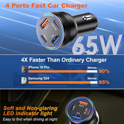 65W USB C Car Charger, 4-Port Cigarette Lighter Adapter PD30W Fast Charging - color: Black, size: 2 Pack