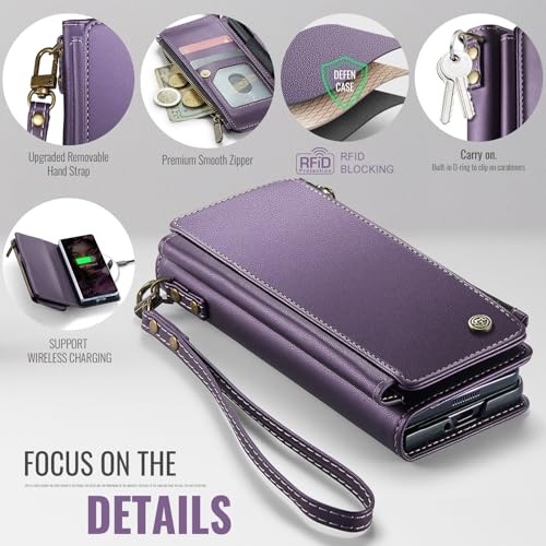 Defencase for Samsung Galaxy Z Fold 6 Wallet Case with Card Holder, Purple | Durable Soft PU Leather, RFID Blcking Zipper Pocket, with S-Pen Holder & Strap, Flip Phone Cases with Stand for Women Men - color: Aesthetic Purple
