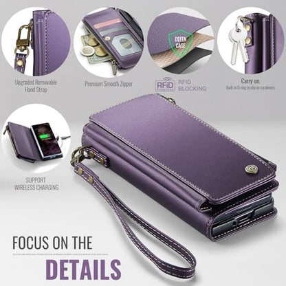 Defencase for Samsung Galaxy Z Fold 6 Wallet Case with Card Holder, Purple | Durable Soft PU Leather, RFID Blcking Zipper Pocket, with S-Pen Holder & Strap, Flip Phone Cases with Stand for Women Men - color: Aesthetic Purple