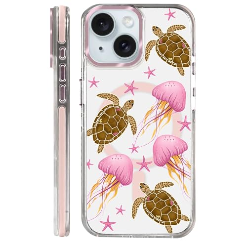 VisEnt Clear Case for iPhone 15, Magnetic Phone Case, Transparent Slim Cover, Military Grade Protection, Shockproof, Anti-Yellowing, Scratch Resistant, Pink Jellyfish Sea Turtle - color: Pink Jellyfish Sea Turtle, size: Iphone 15