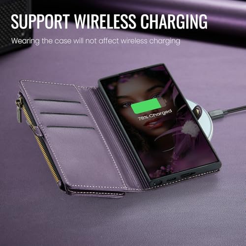 Defencase for Samsung Galaxy S26 Ultra Wallet Case with Card Holder, Purple | with RFID Blocking Zipper Pocket, Durable PU Leather, Wrist Strap, S26 Ultra Flip Phone Cases Cover with Stand for Women Men - color: Purple