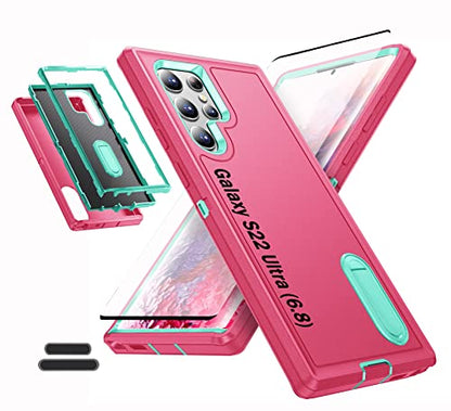 Case is Specially Designed for Galaxy S22 Ultra 6.8 Inch, Full Body Protection Heavy Duty Shock Absorbing 3 in 1 Silicone Rubber Built-in Stand with 1 Tempered Screen Protectors-Rose/Mint - color: Rose/Mint